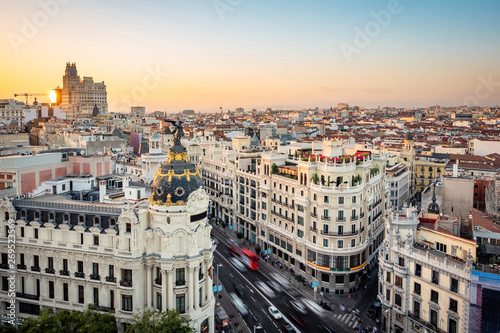 Madrid, Spain, Sunset Over Central Madrid Showing Landmark Buildings on Gran Via Street
