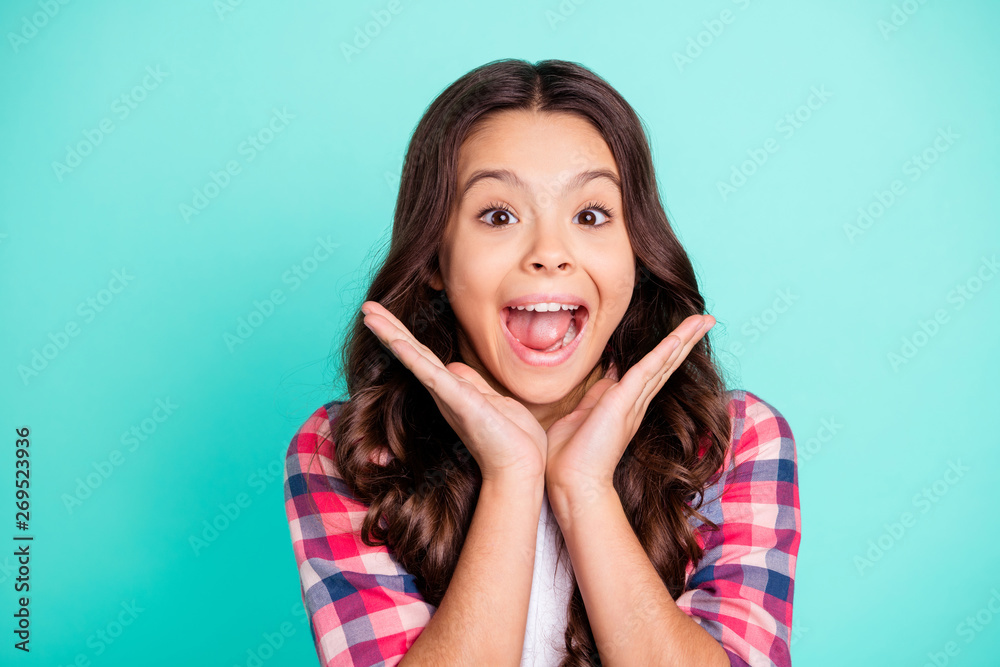 Portrait crazy charming pretty kid astonished impressed incredible novelty black friday touch face cheeks hands palms isolated plaid outfit stylish isolated green background positive cheerful Portrait crazy charming pretty kid astonished impressed incredible novelty black friday touch face cheeks hands palms isolated plaid outfit stylish isolated green background positive cheerful