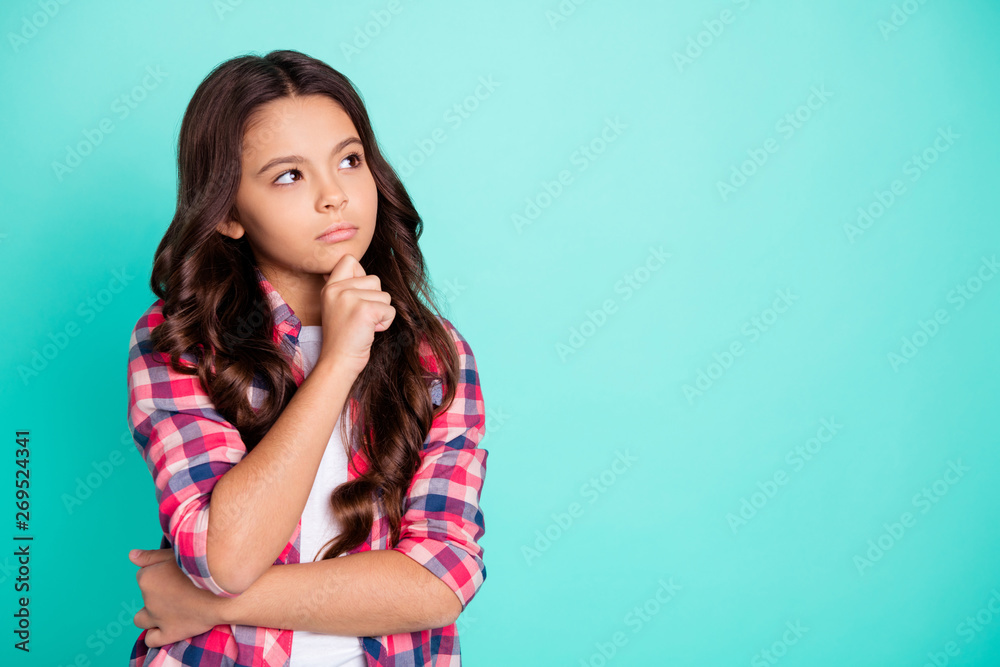Portrait of nice attractive concentrated minded kid touch chin solve troubles study education genius future academic choice decision dressed plaid modern outfit isolated turquoise background Portrait of nice attractive concentrated minded kid touch chin solve troubles study education genius future academic choice decision dressed plaid modern outfit isolated turquoise background