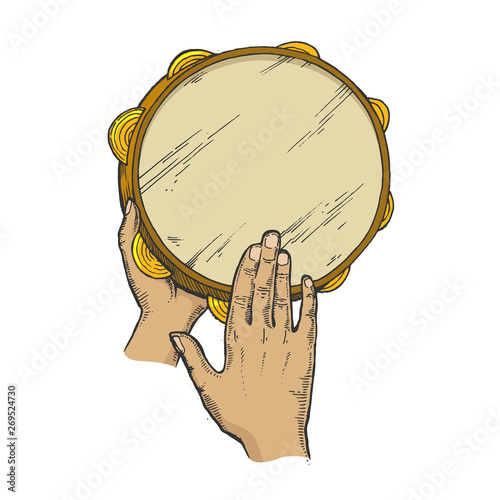Fototapeta Hands with tambourine color sketch engraving vector illustration