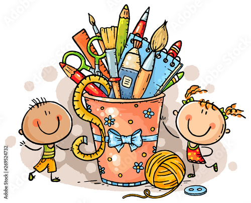 Creative kids with crafting tools, no gradients.