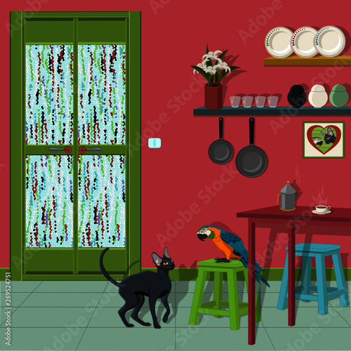 Carta da parati i cervi - Carta da parati Interno locale cucina arredato - con porta in vetro Tiffany - Gatto e pappagallo
