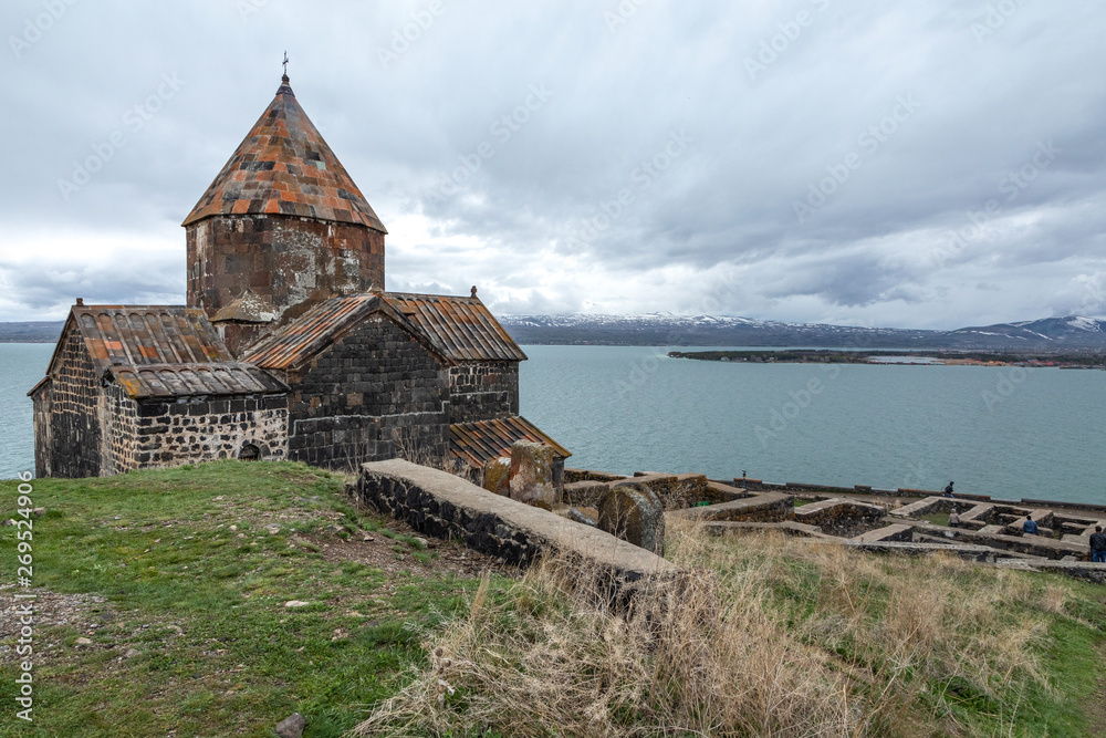 Fototapeta premium Sevanavank , 9th century monastic complex , located on a peninsula at the northwestern shore of Lake Sevan in the Gegharkunik Province of Armenia