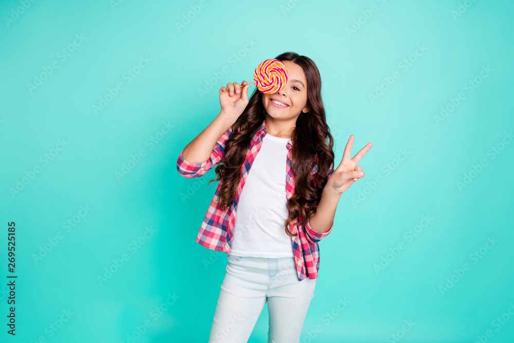 Portrait cute playful positive cheerful satisfied content lady little free time weekend holidays make v-signs hold hand long haircut trendy stylish beautiful checked shirt isolated teal background Portrait cute playful positive cheerful satisfied content lady little free time weekend holidays make v-signs hold hand long haircut trendy stylish beautiful checked shirt isolated teal background