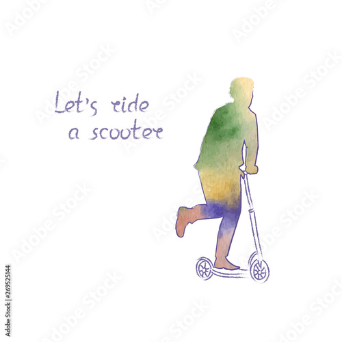 Colored vector poster with a bright silhouette of a man riding a scooter. Sport and leisure activity concept.