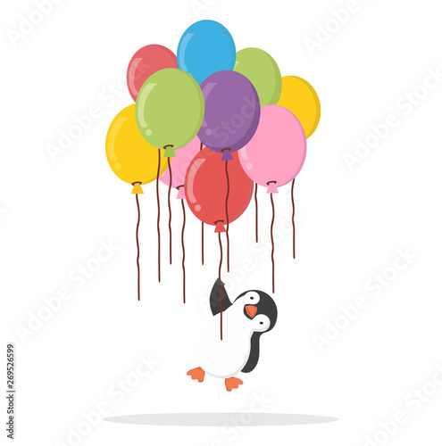 penguin holding Group of balloons Colorful  flat style