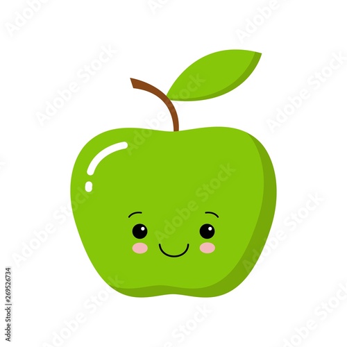 Cute Kawaii Green apple with leaf isolated on white background. Vector illustration.