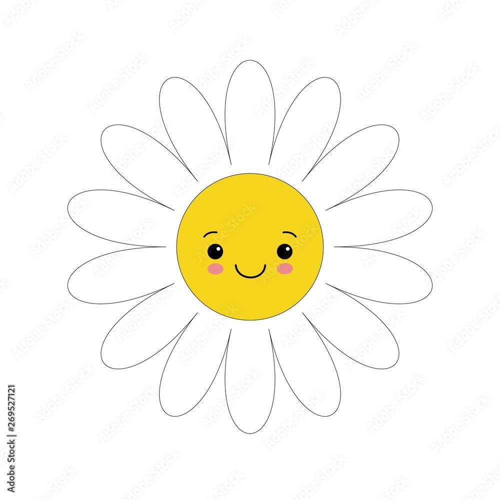 White daisy chamomile with face head. Cute flower plant collection. Love card. Camomile icon. Cute cartoon smiling character. Growing concept. Flat design. White background.