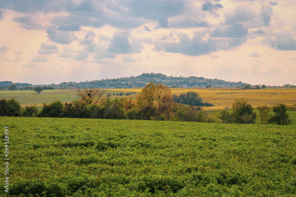 Fototapeta premium Rural landscape in Bliesgau. Saarland, western Germany on a cloudy yet bright afternoon in the spring