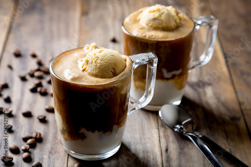 Affogato coffee on a rustic wooden table photo
