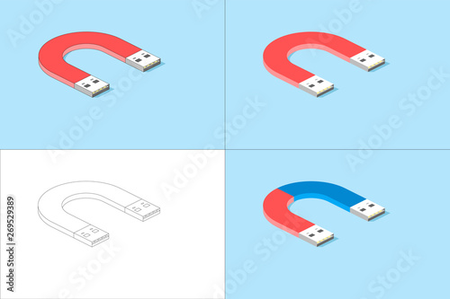 Flash drive in the form of a magnet. Blue and white background. Circuit. Set of flat vector illustrations.