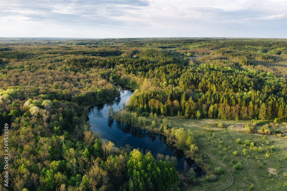 Aerial view of small blue lake among green forest trees on a calm sunny evening