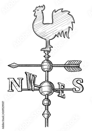 Weathercock illustration, drawing, engraving, ink, line art, vector