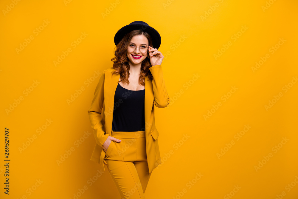 Close up photo beautiful amazing funky she her toothy lady arms hands pocket perfect look tourism shopping store mall wear specs formal-wear costume suit isolated yellow bright background