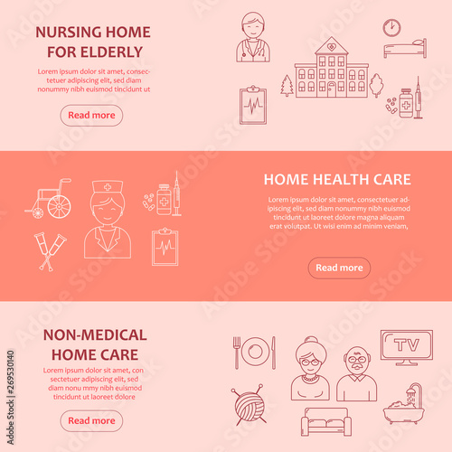 Elderly and senior care modern vector line icons set. Nursing home, health care and non-medical help for elder people template for web page, poster, banner