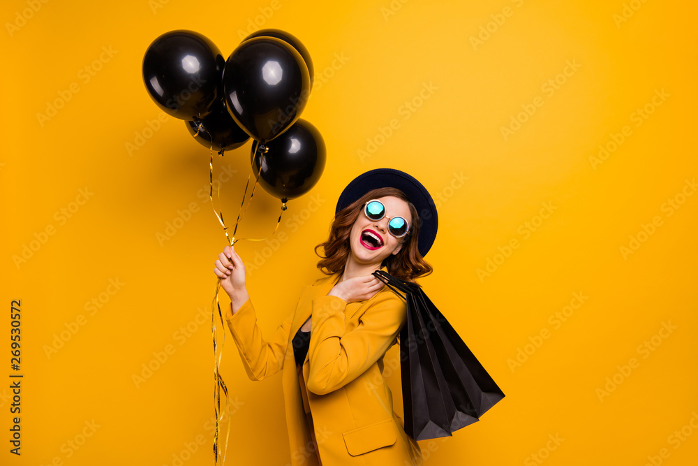 Close up side profile photo beautiful she her lady laugh laughter carry packs perfect look buy buyer present gift birthday discount wear specs formal-wear costume isolated yellow bright background - obrazy, fototapety, plakaty 