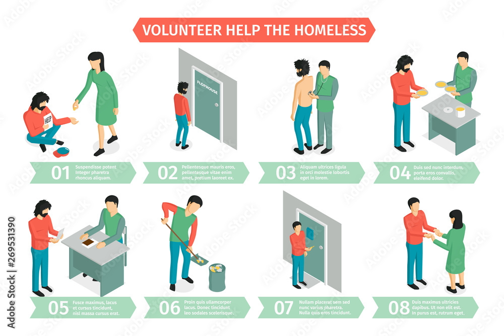 Homeless Volunteering Isometric Infographics