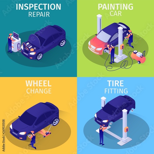 Set of Isometric Advertising Cards for Car Service