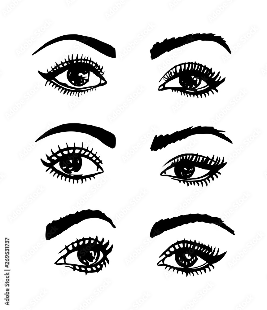 Handrawn sketchy vector eyes and brows set black and white