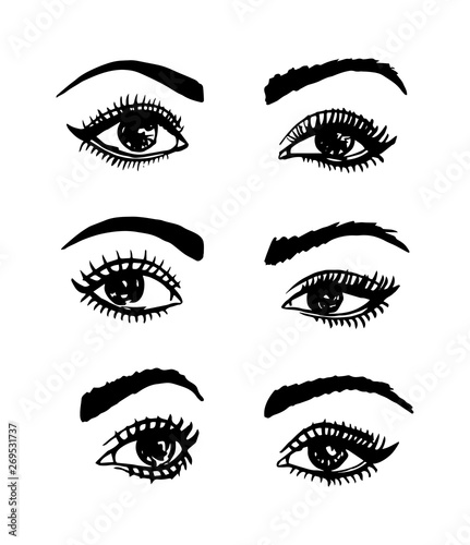 Handrawn sketchy vector eyes and brows set black and white