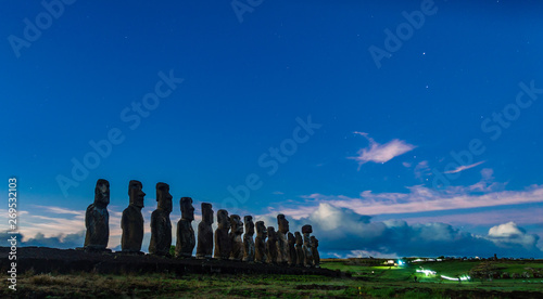 Dawn and Moai statues of Ahu Tongariki on Easter Island