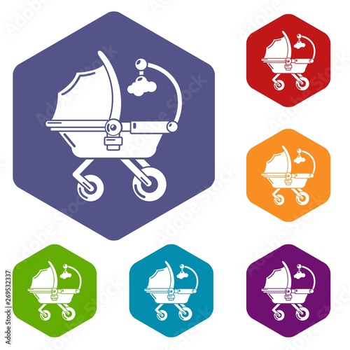 Baby carriage cute icons vector colorful hexahedron set collection isolated on white