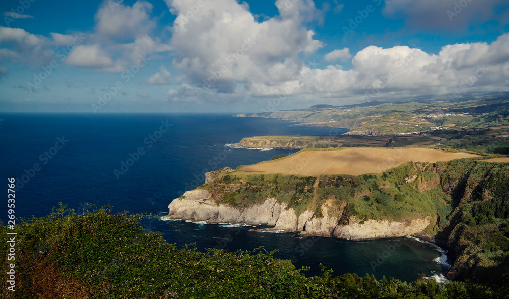 Panorama view to coastlani of Sao Miguel island from Santa Iria viewpoint. Azores. Portugal