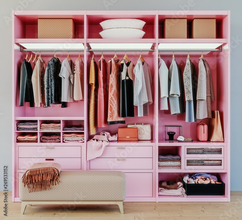 modern pink wardrobe with clothes hanging on rail in walk in closet design interior, 3d rendering