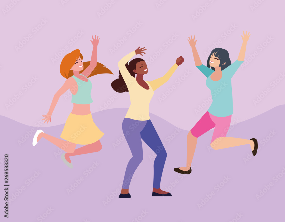 group of young women happy celebrating with hands up