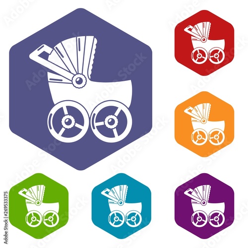 Baby carriage big icons vector colorful hexahedron set collection isolated on white