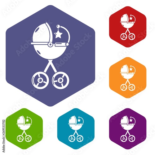 Baby carriage star icons vector colorful hexahedron set collection isolated on white