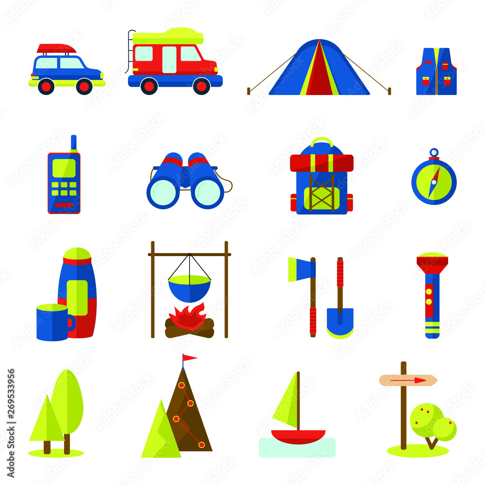 Set of 16 stylish vector icons for tourism, adventure, camping: equipment, clothing, nature, transport isolated on white background Set of 16 stylish vector icons for tourism, adventure, camping: equipment, clothing, nature, transport isolated on white background
