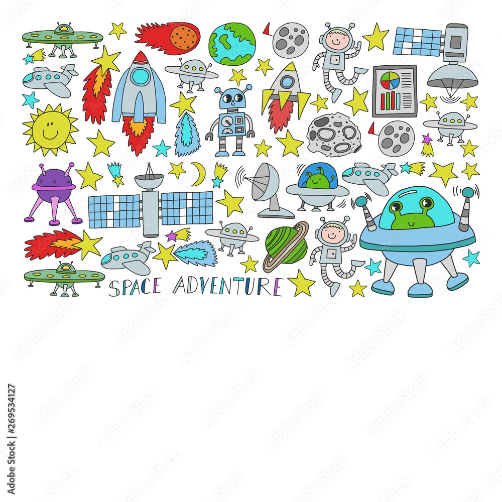 Fototapeta premium Vector set of space elements icons in doodle style. Painted, colorful, pictures on a piece of paper on white background.