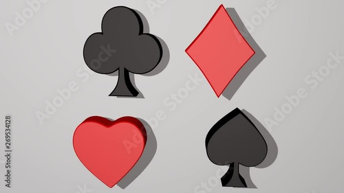 Playing card suit, animated 3d card pips, red heart, red diamond, black club, black spade. Card symbols moving, rotating. Casino advertisement or business metaphora. Full HD video photo