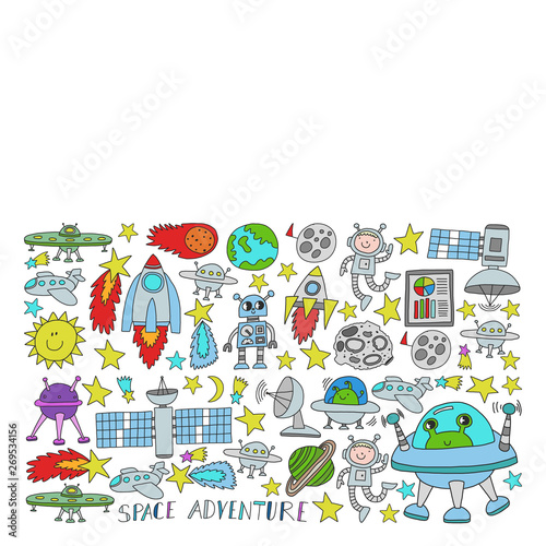 Vector set of space elements icons in doodle style. Painted, colorful, pictures on a piece of paper on white background.