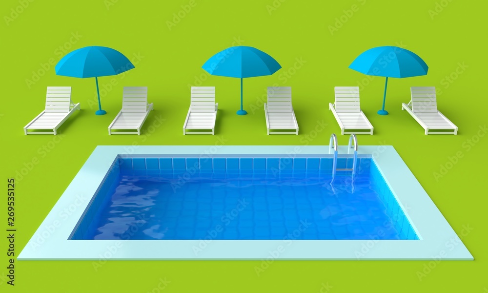 Fototapeta premium Swimming pool with Beach chair and umbrella. 3d rendering