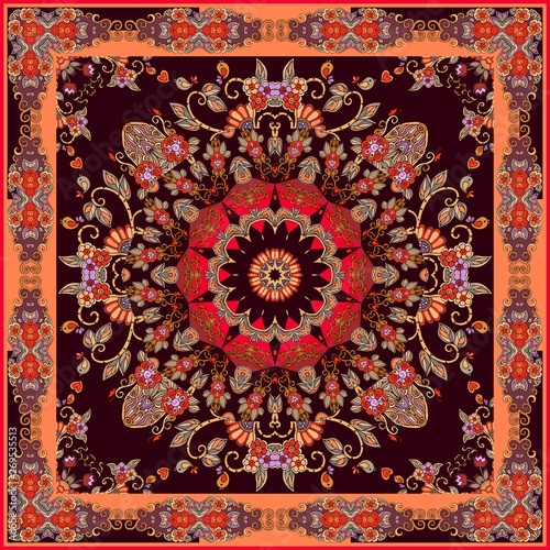 Festive bandana print with bright mandala and ornamental frame. Lovely tablecloth in oriental style.