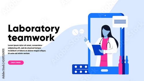 family female doctor vector illustration. Virtual emergency health consultation. Online doctor. Healthcare service, Ask a doctor. Therapist with stethoscope, chatting with patients via app messenger