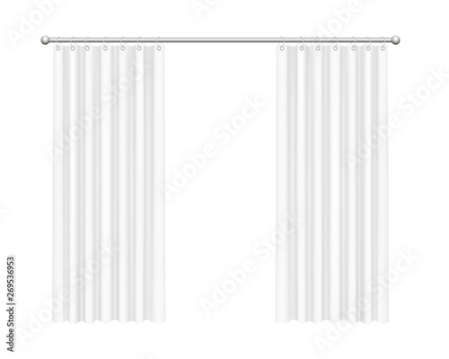 Open white curtains on white background.
