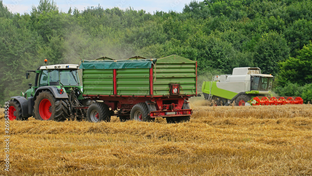 Fototapeta premium Traktor + Mähdrescher auf Feld bei der Ernte