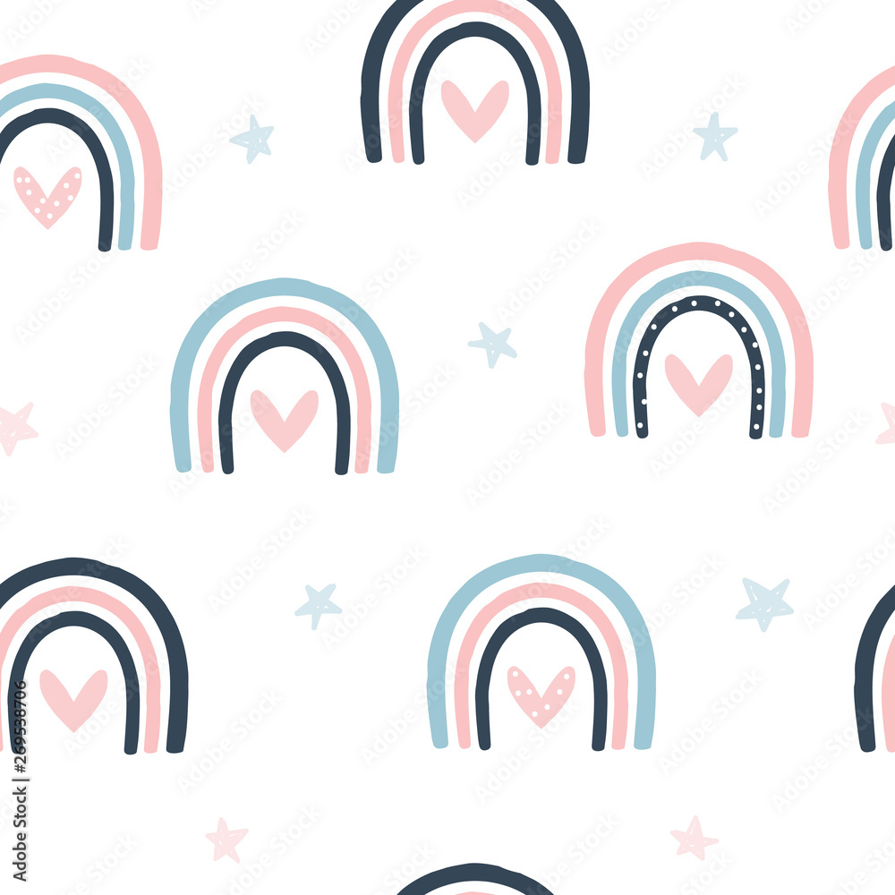 Seamless pattern with rainbow and stars. Cute fashion kids print. Vector hand drawn illustration ...