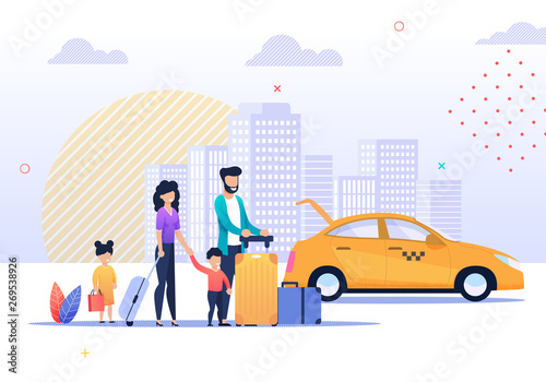 Fototapeta Naklejka Na Ścianę i Meble -  Happy Family Trip and Taxi Service Illustration
