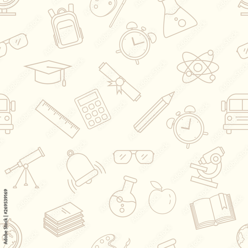 Vector Seamless Pattern with Outline School Icons on Beige Background Vector Seamless Pattern with Outline School Icons on Beige Background