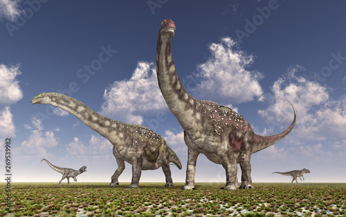 Fototapeta Naklejka Na Ścianę i Meble -  Dinosaurier Diamantinasaurus in einer Landschaft
