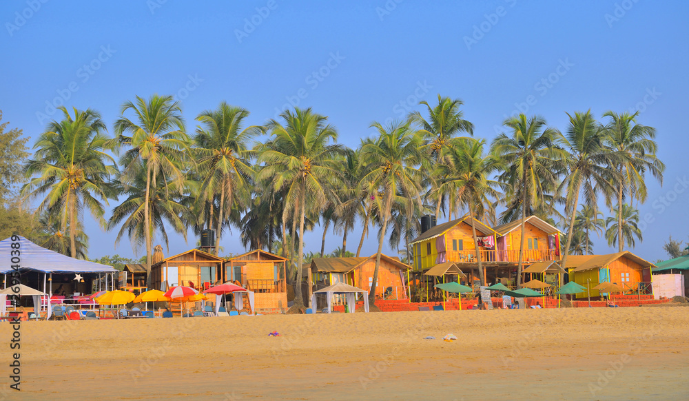 Temporary beach huts in Agonda beach, Goa. - obrazy, fototapety, plakaty 