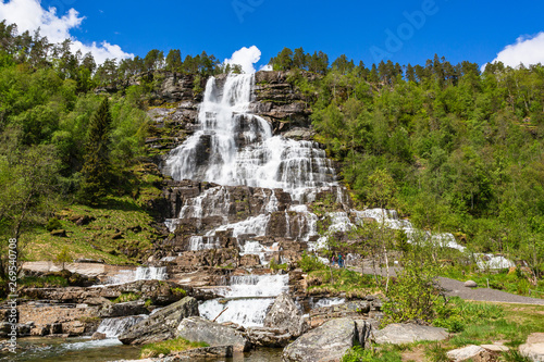 Tvidefossen waterfall in spring. Voss, Norway. photo