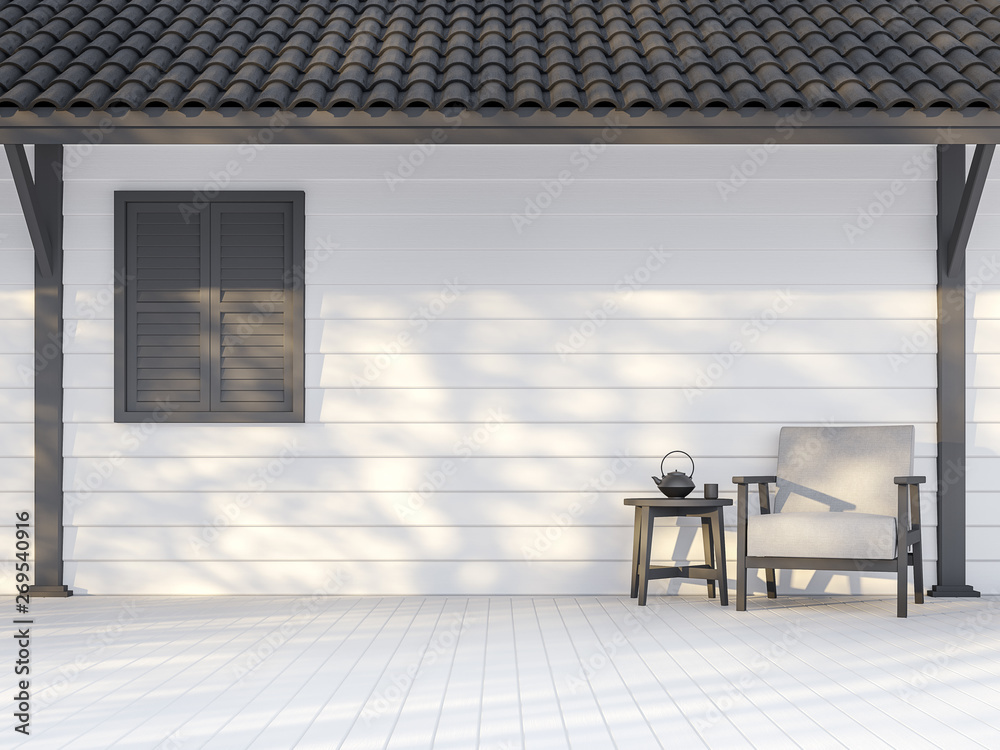 Black and white exterior wall 3d render,There are white wood plank wall,darkgray window, poles and roof ,Decorate with white fabric chair,Sunlight shining to the wall with tree shadow. - obrazy, fototapety, plakaty 