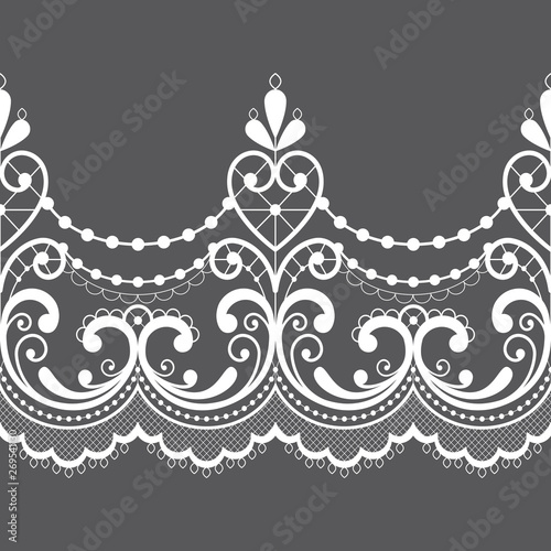 Alencon French seamless lace vector pattern, openwork ornament textile or embroidery design in white on gray background