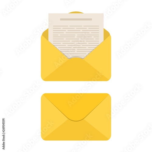 Opened and closed envelope with note paper. Mail symbol. Template design for social network, web or mobile app. Emailing and global communication. Letter icon.