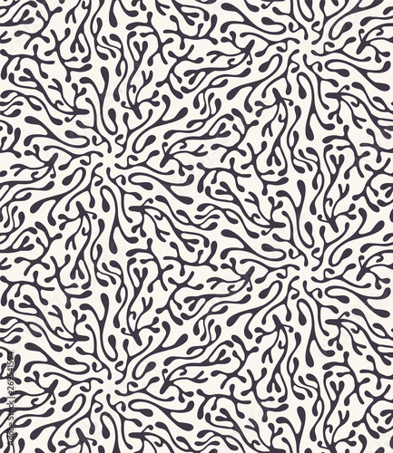 Seamless vector pattern. Intricate organic hand drawn coral leaf. Repeating floral tileable background. Ornamental stylized rounded foliage. Monochrome surface design textile, all over print wallpaper